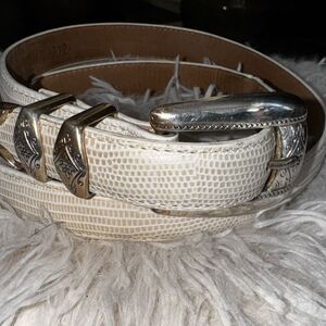 Brighton White Embossed Leather Belt with Western Silver Buckle Set – Size M